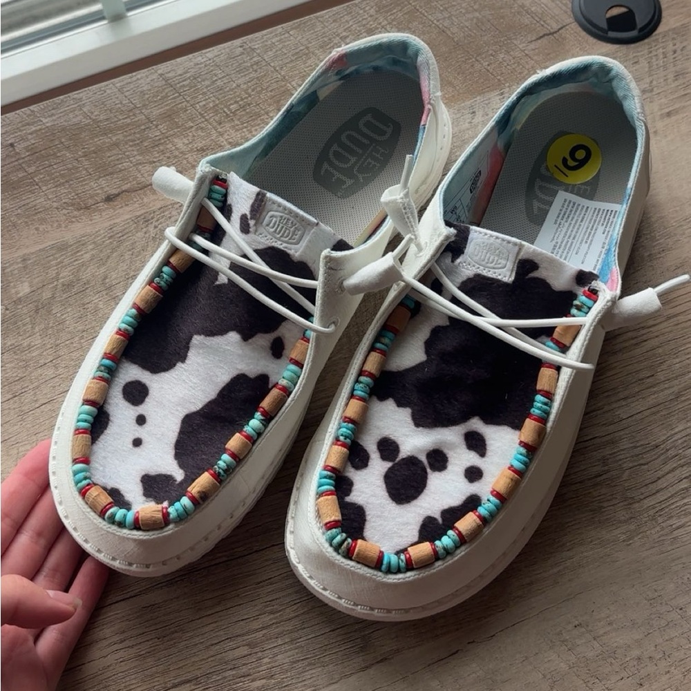 Hey Dude Cow Pattern Sneakers - Black, White, and Tan